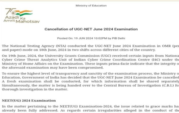 UGC-NET June 2024 Examination Cancelled